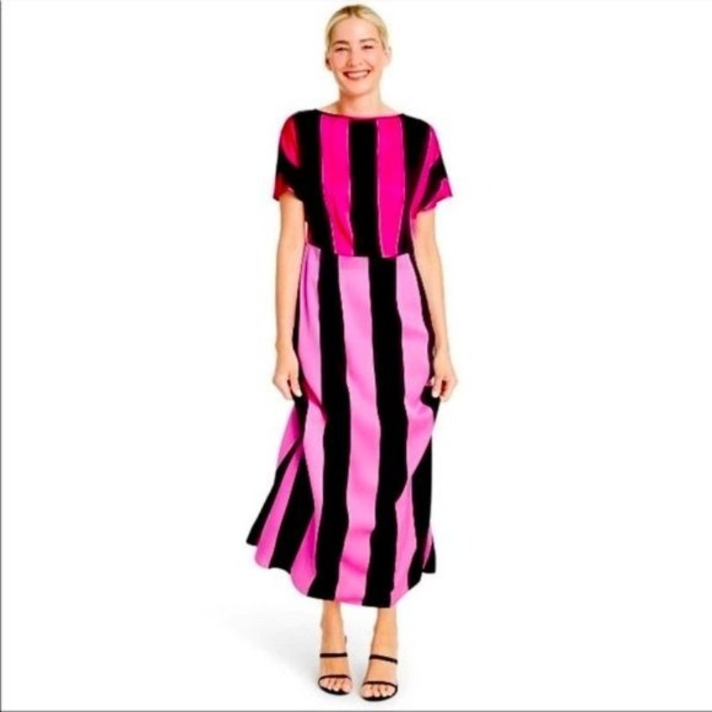 Christopher John Rogers Woman Sz 2 Pink Stripe Maxi Dress Short Sleeve Satin New